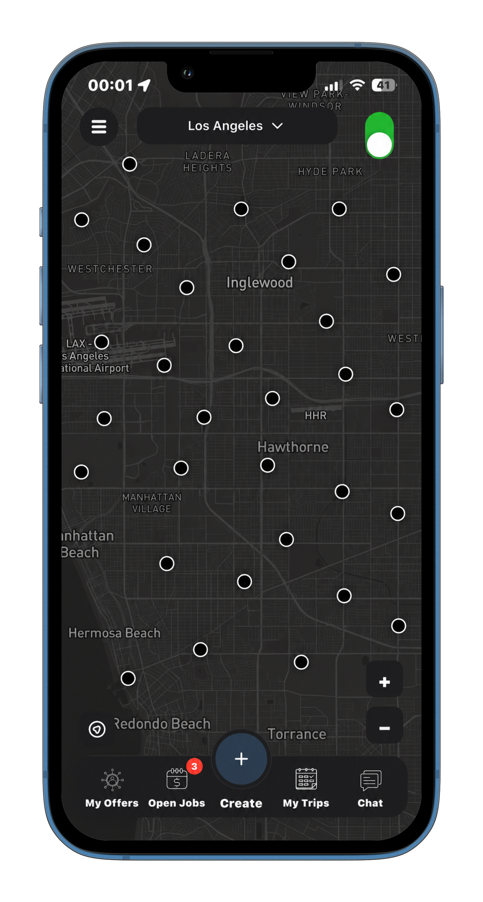 UWAYS driver app showing a live map of available professional drivers across Los Angeles