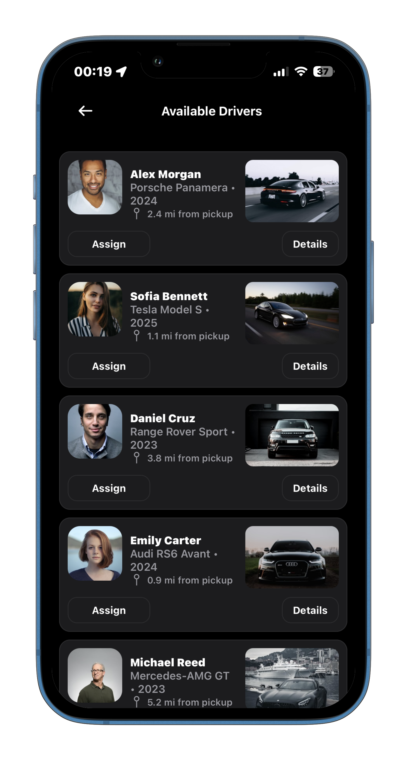 UWAYS app Available Drivers screen listing nearby professional chauffeurs and their vehicles